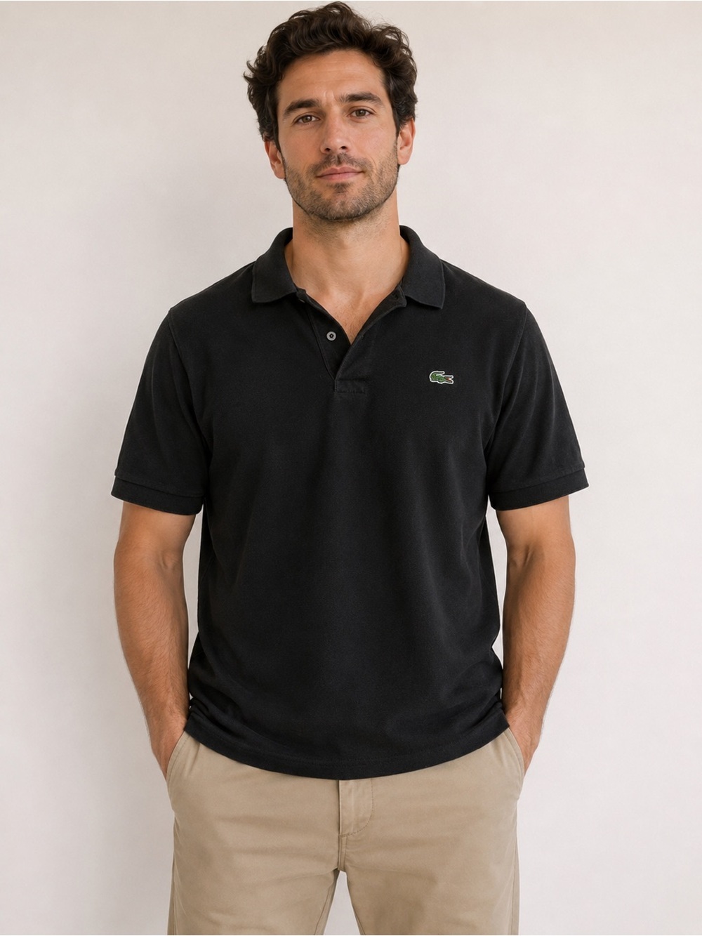Lacoste Black Short-Sleeve Pique Polo with Crocodile Logo